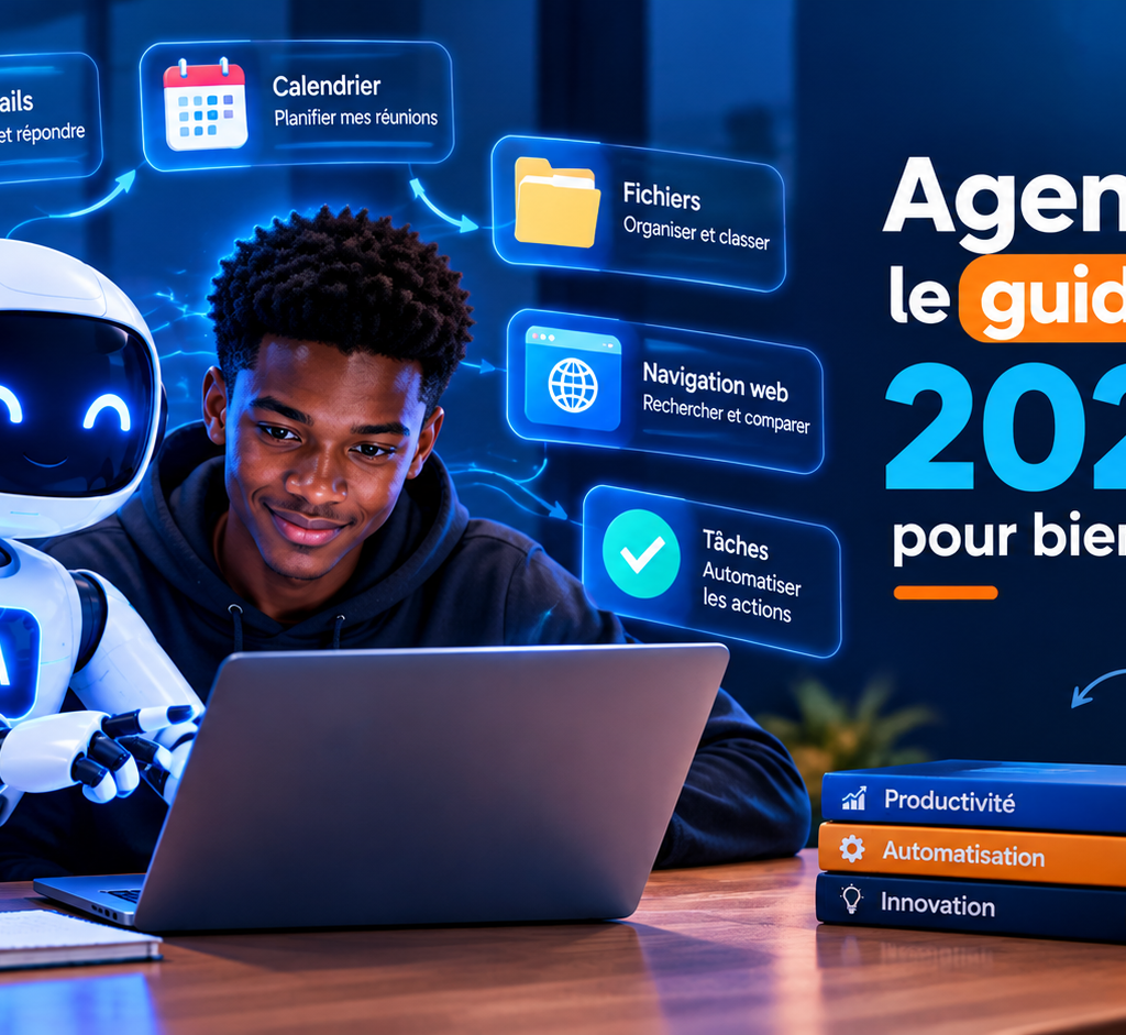Agents IA : le guide ultime 2026 pour bien démarrer, illustré par un assistant robotique qui automatise les tâches sur ordinateur.