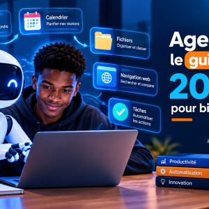 Agents IA : le guide ultime 2026 pour bien démarrer, illustré par un assistant robotique qui automatise les tâches sur ordinateur.